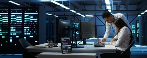 Team of specialists updating server room systems